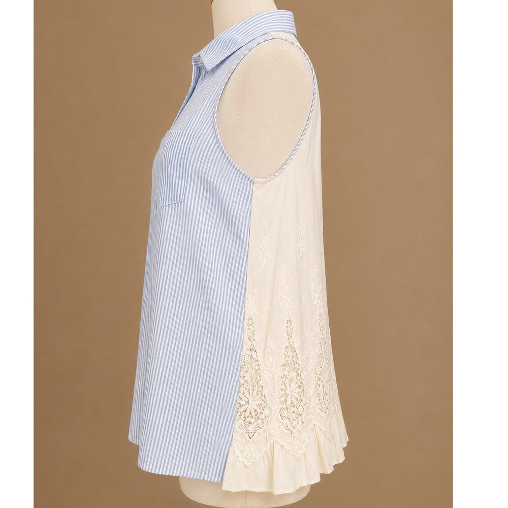White Crow Sleeveless Button Front Soft Cream & Blue Embroidered Lace Cotton M - Picture 2 of 8